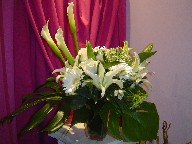 Calla lillies, lillies, Queen Anne's lace, roses, gerbera, alstroemeria, and monstera