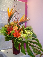 Cymbidium orchids, solidago, coffee beans, pine, lillies, roses, bird of paradise, and monstera