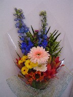 Delphinium, gerbera, lillies, alstroemeria, solidago, monte casino, and pompoms