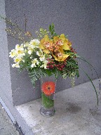 Cymbidium orchids, coffee beans, solidago, seed eucalyptus, gerbera, alstroemeria, and monky grass