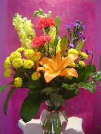 Snapdragon, carnations, pompoms, lillies, and monte casino blue