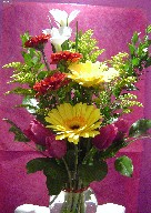 Gerbera, solidago, iris, and tulips