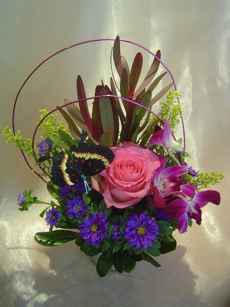Rose, leucadendron, dendrobium orchids, daisies, and solidago
