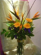 Bird of paradise, gerbera, statice, solidago, and branch