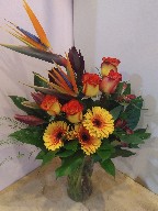 Roses, bird of paradise, gerberas, asiatic lillies, alstroemeria, and leucadendron