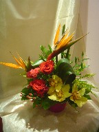 Bird of paradise, cymbidium orchids, roses, celosia, solidago, hypericum, and cordeline