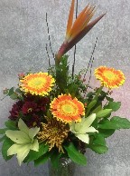 Bird of paradise, gerbera, asiatic lillies, cremons, daisies, hypericum, myrtle, and branch