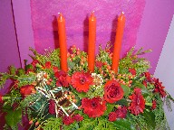 Gerbera, berries, roses, pine, carnations with Christmas decorations
