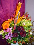 Bird of paradise, cymbidium orchids, roses, gerbera, coffee beans, solidago, and fresia