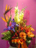 Bird of paradise, snapdragon, iris, kangaroo, gerbera, lillies, solidago, coffee beans, alstroemeria, and daisies