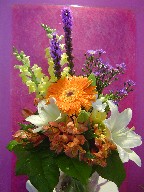 Gerbera, liatris, alstroemeria, lillies, freesia, snapdragon, and monte casino blue