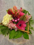Hydreangea, cymbidium orchids, amaryllis, gerbera, cedar, and Christmas decorations