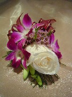 White rose, dendrobium orchid and waxflowers