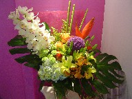 Cymbidium orchids, monstera, heliconia, allium, solidago, hydreangea, lillies, alstroemeria, roses, and pompoms