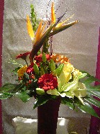 Bird of paradise, lillies, monstera, coffee beans, daisies, and myrtle