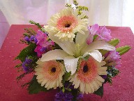 Gerbera, freesia, white lillies, statice, and solidago