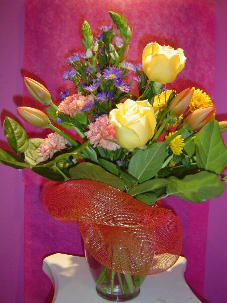 Roses, tulips, carnations, monte casino blue, Star of Bethlehem, and daisies