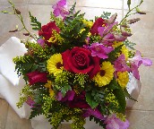 Forever young roses, hot pink orchids (dendrobium), yellow button daisies and solidago