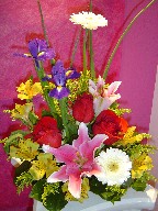 Stargazer, iris, gerbera, alstroemeria, solidago, and red roses