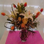 Casablanca, statice, tulips, and roses