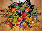 Sunshine roses, tulips. orchids, solidago, asiatic lilies, aster purple and iris