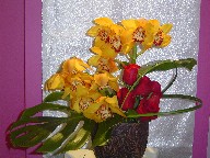 Cymbidium orchids, roses, monstera, and monkey grass