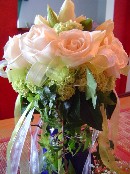 Vendela roses, tulips, ivy, and viburnum (snowball)