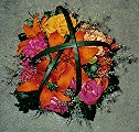 Asiatic orange lily, hot pink carnations and roses, misty blue, and lily grass