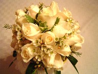 Vendela roses, wax flowers, and greens