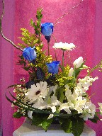 Roses, gerbera, lillies, orchids, tulips, solidago, waxflowers, curly willow, and monkey grass